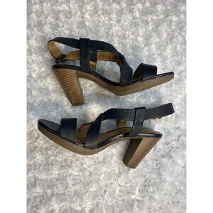 Clark’s Collection Soft Cushion Strappy Black Heels Size 5.5 chunky Faux Wood
